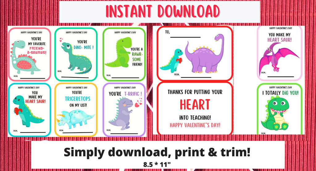 Dinosaur Valentines cards| Kids Valentine Cards | INSTANT DOWNLOAD |