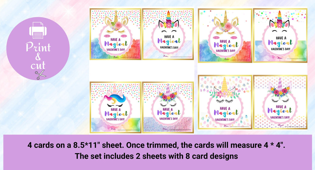 Unicorn Valentine Cards| Instant Download| Kids Valentine Cards, Printable Unicorn Valentines, Valentine's Day,