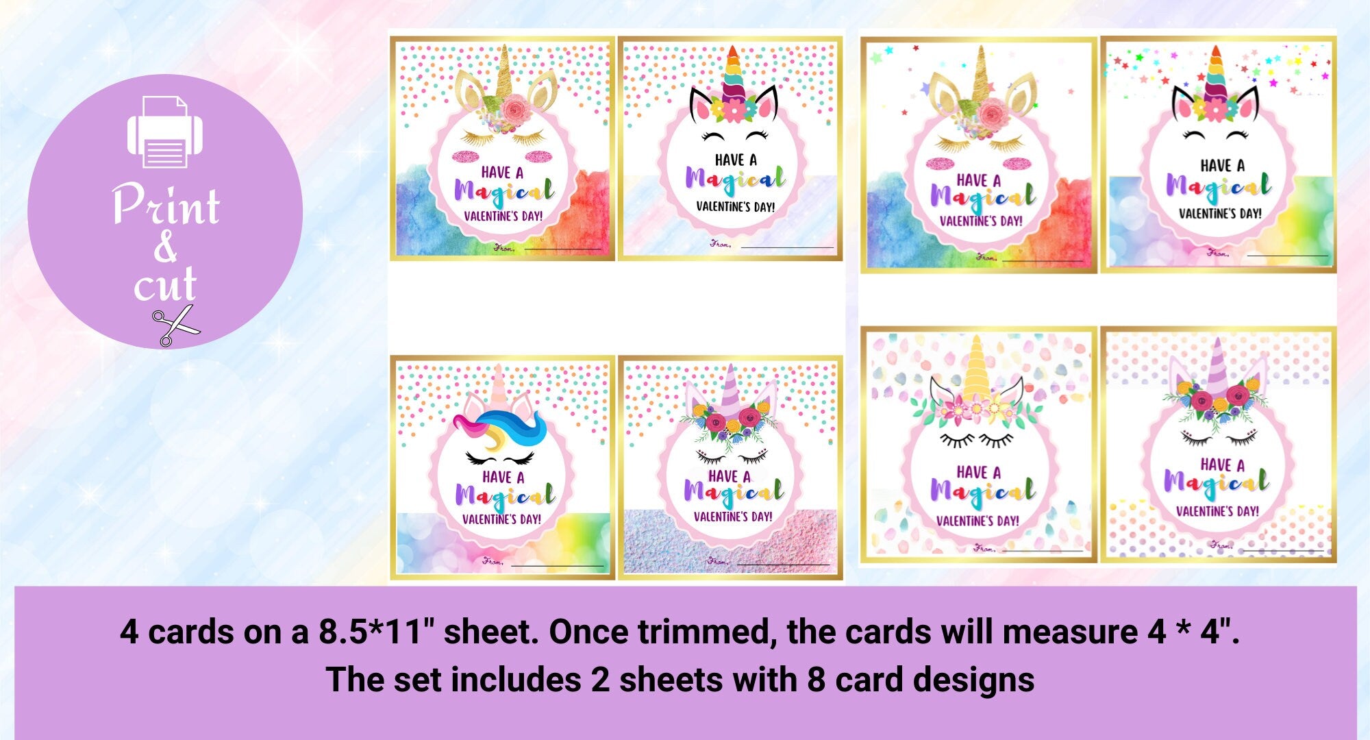 Unicorn Valentine Cards| Instant Download| Kids Valentine Cards, Printable Unicorn Valentines, Valentine's Day,