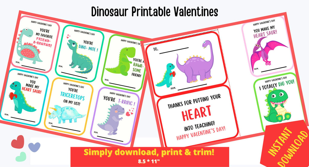 Dinosaur Valentines cards| Kids Valentine Cards | INSTANT DOWNLOAD |