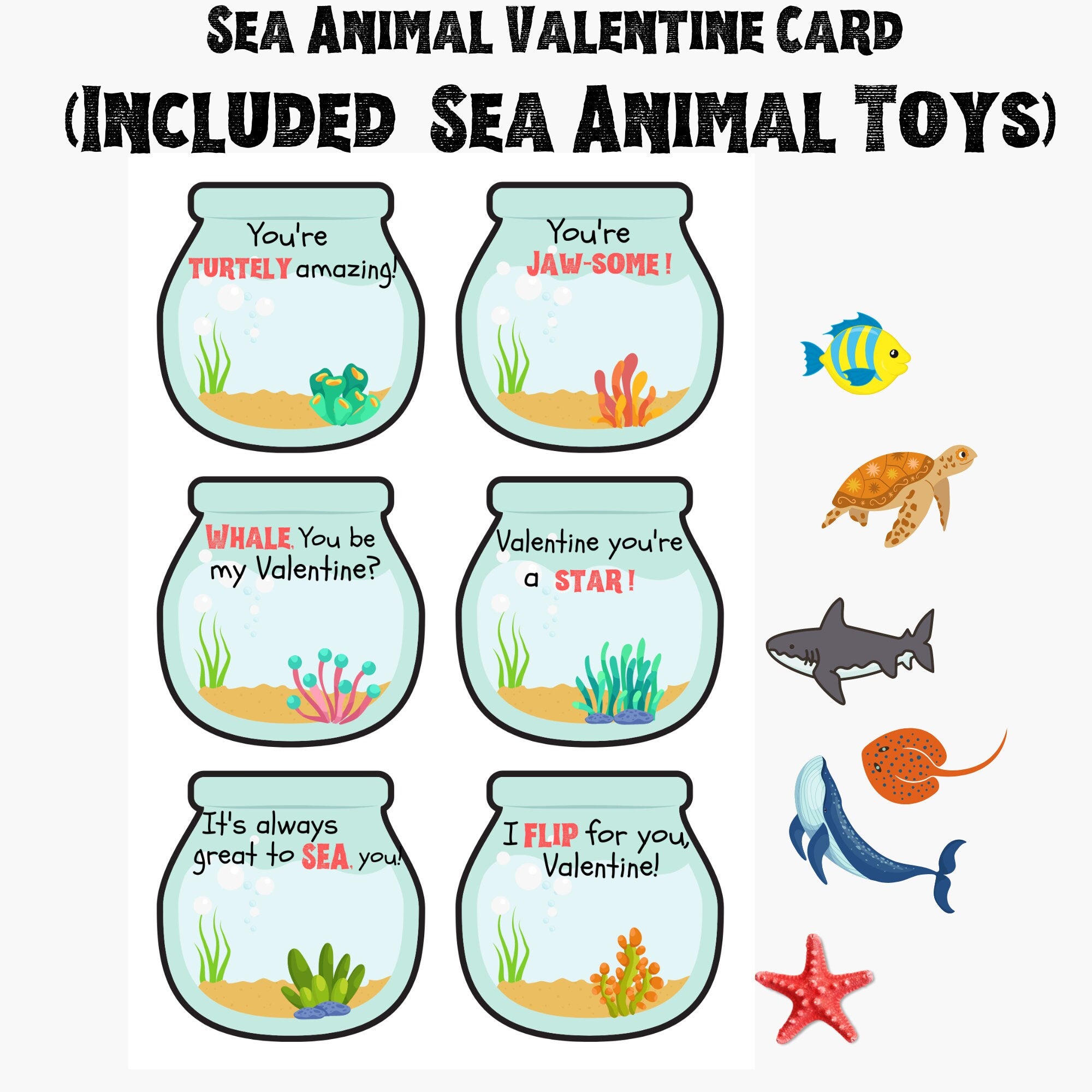 Valentines Day Cards for Kids/ Sea theme Valentine Cards for School Class Classroom Gifts Party Favors (Included Sea Animal Toys)