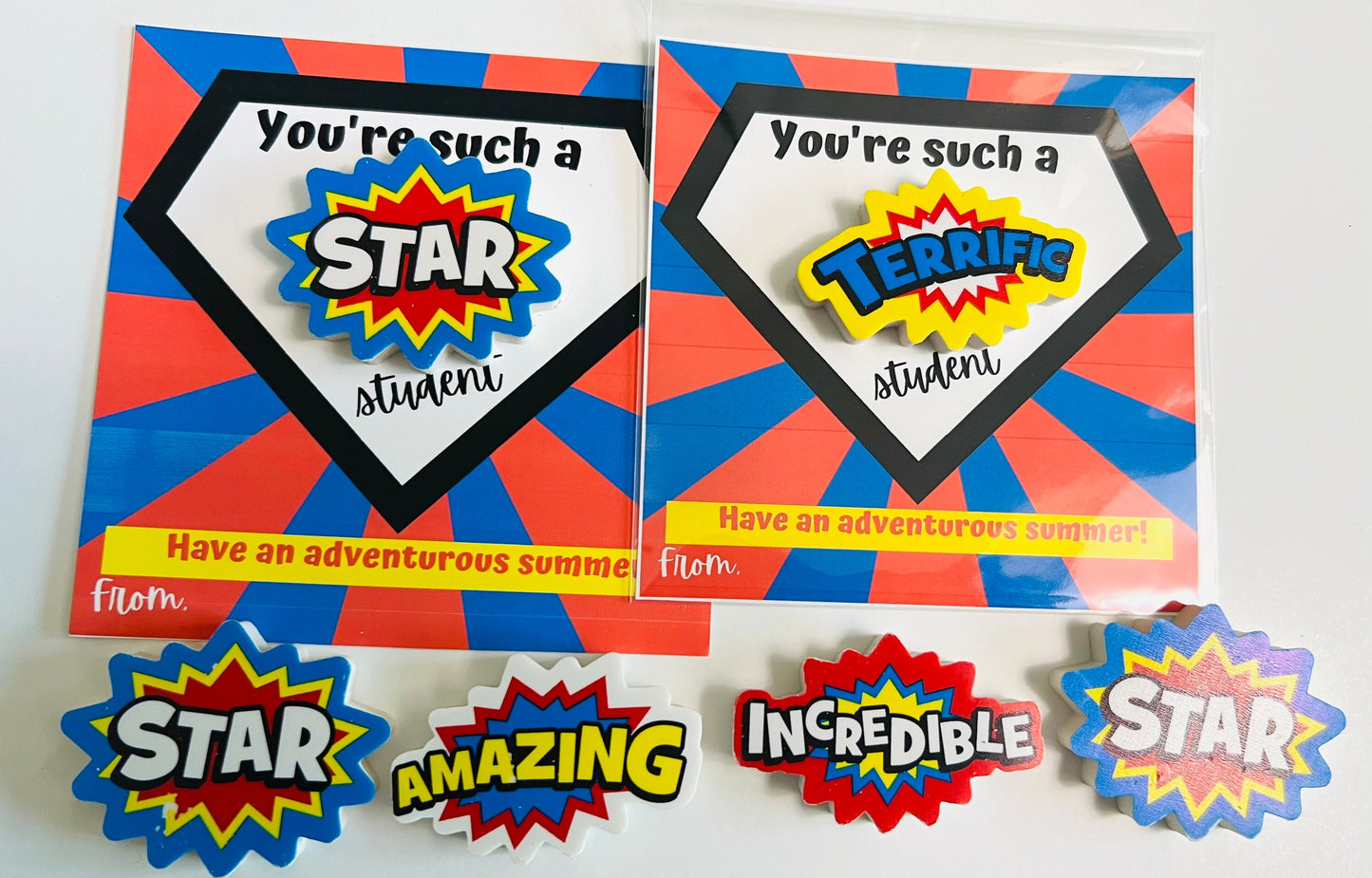 End of year School gift |Superhero Eraser Set & Card: You're a Star Friend!