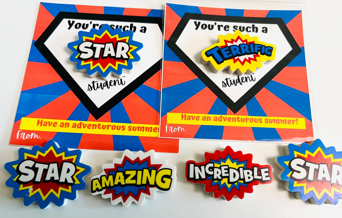 End of year School gift |Superhero Eraser Set & Card: You're a Star Friend!