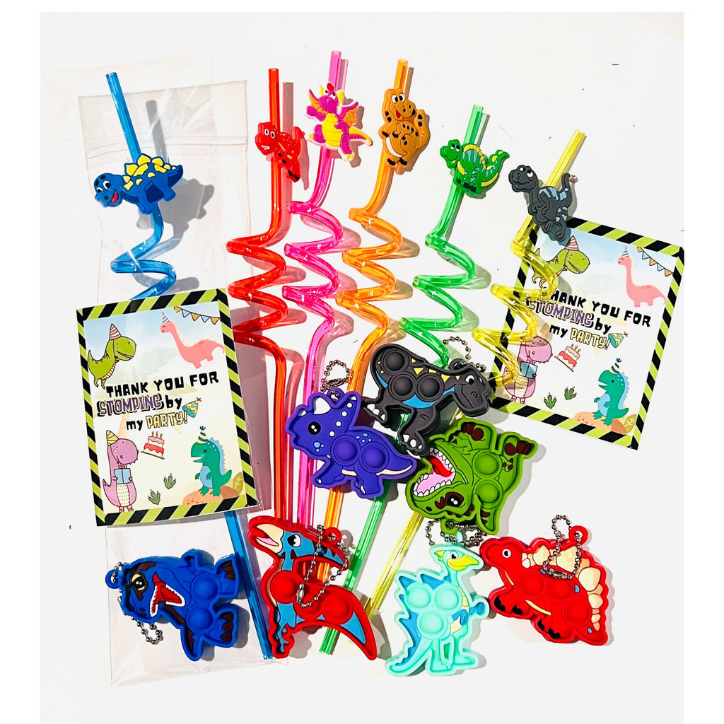 DINOSAUR BIRTHDAY Party Favors| Dino straws and Dino popit keychain favors