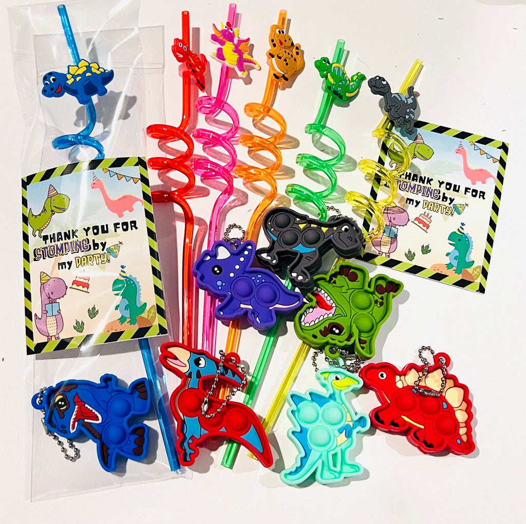 DINOSAUR BIRTHDAY Party Favors| Dino straws and Dino popit keychain favors